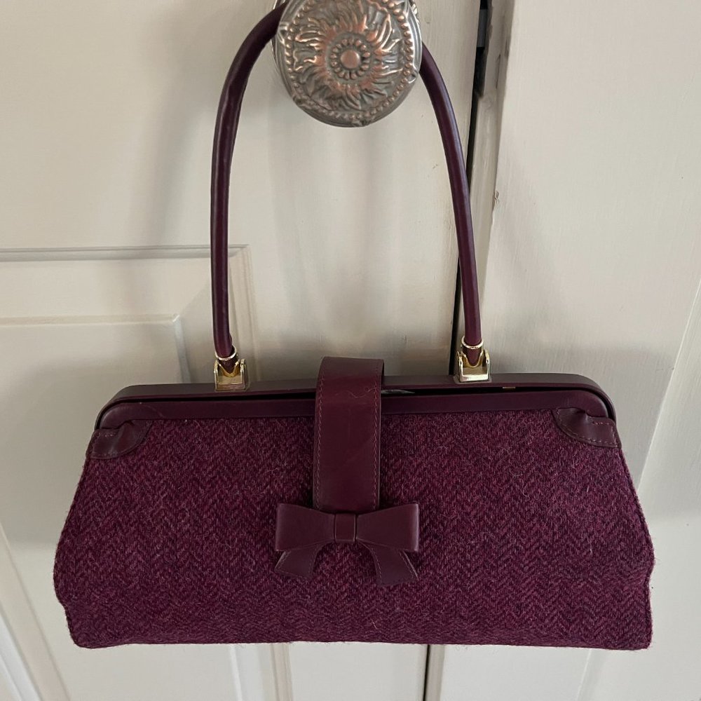 NWT, Brooks Brothers pink/cranberry leather and tweed handbag, leather bow clasp